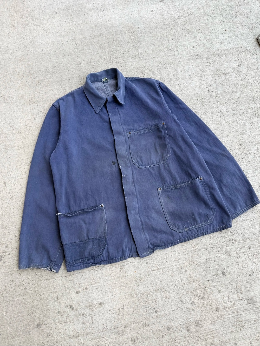Vintage 50s 60s German Blue Cotton Twill Chore Jacket with metal rivets